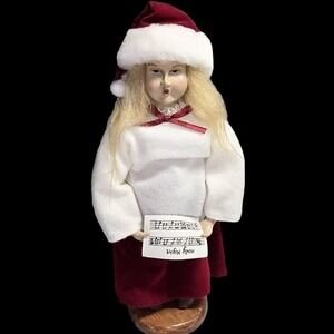 Vtg Old World Style Christmas Caroler Girl Figurine Fabric and Wood Base
